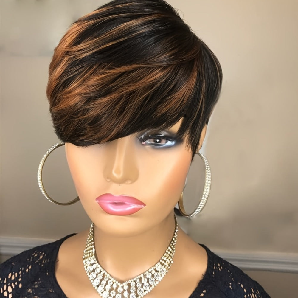 Short Pixie Cut Wig with Bangs Black & Blonde — Layered Style, Brown Blonde Mix, Rose Net Cap, Synthetic Wig for Black Women, 4 Inch Daily Wear