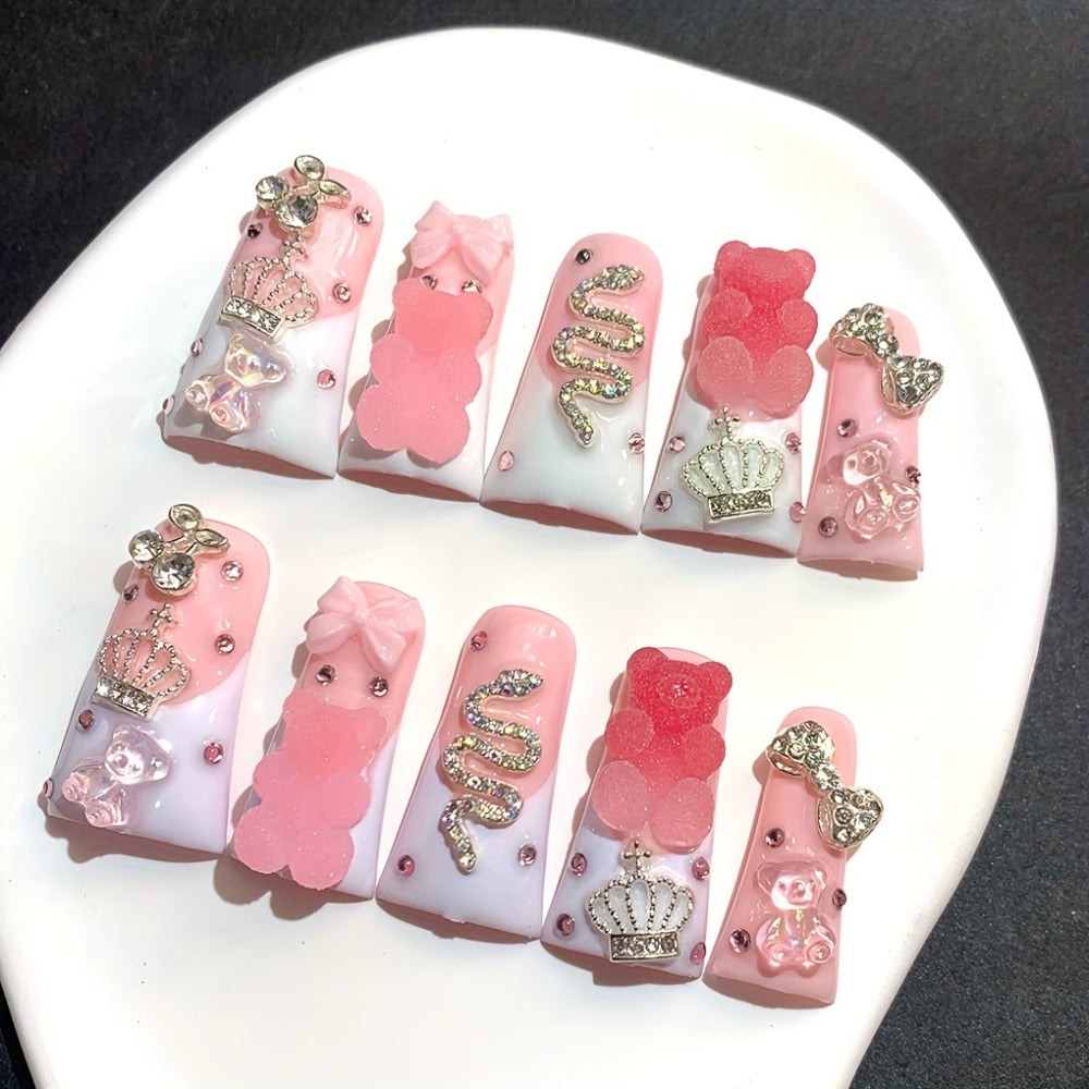 10pcs 1.18inch Long Duckbill Sugar Bear Press-On Nails, Pink And White French Glitter AB Multi-Color Glass Rhinestones, Cute Cartoon And Sparkling End, Handmade Wearable False Nails for Wedding, Party, Back-To-School Gifts