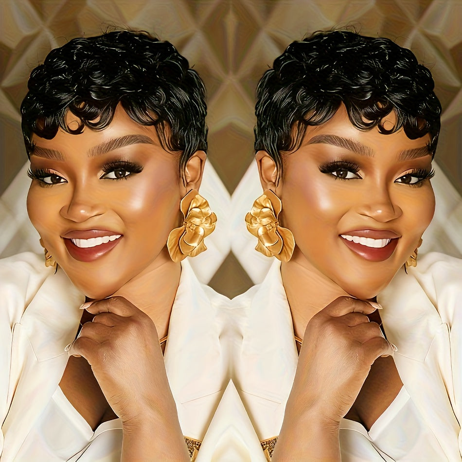 Brazilian Remy Human Hair Wig - Short Curly Pixie Cut with Bangs, 180% Density Glueless Natural Black Bob Wig, Layered Loose Curly Hairpiece for Caucasian/Black/African Descent, Machine-Made for Comfortable Daily Wear & Low