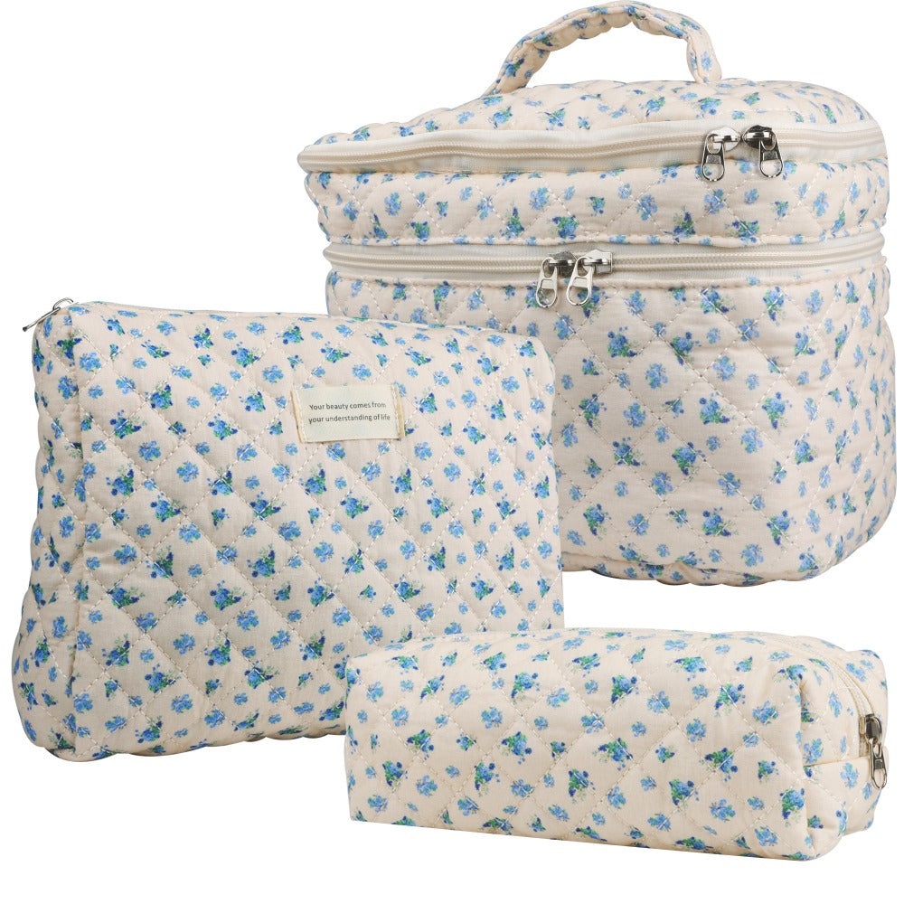Large Capacity Dual Layer Cotton Makeup Cosmetic Bag (3PCS), Cute Quilted Travel Coquette Aesthetic Floral Make up Bag for Women Toiletry Bag (Blue Rose)