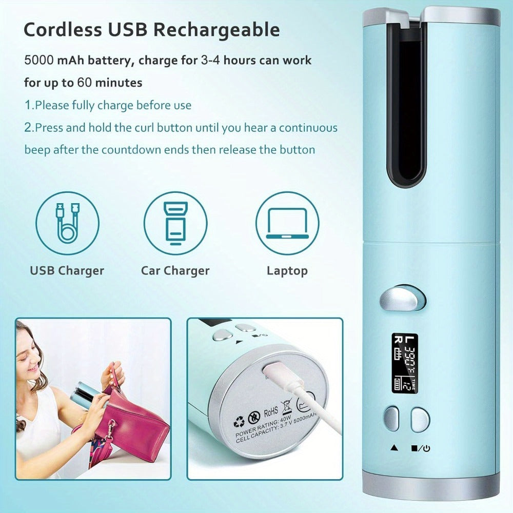 Automatic Curler, Portable Curler, Cordless Rotating Curler with 6 Temperatures, LCD Display USB Rechargeable, Fast Heat-Up And Auto-Off for Hair Styling, Mother'S Day Gift, Birthday Gift (Additions: 1 X Storage Bag And 4 X Hair Clips And 1 X Comb)