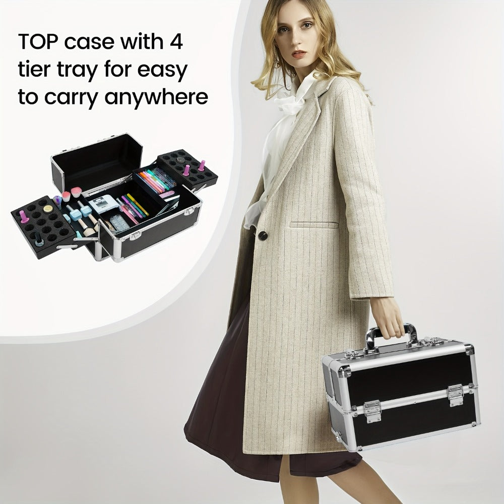 Black 4-In-1 Rolling Makeup Train Case with Makeup Sponges Set, Portable Cosmetic Trolley with Ample Storage for Professionals, Features 360° Swivel Wheels, Ideal for Salon And Travel Use