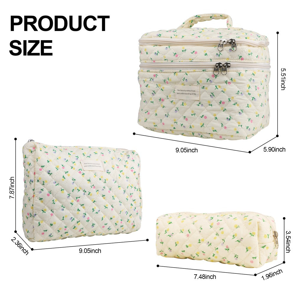 Large Capacity Dual Layer Cotton Makeup Cosmetic Bag (3PCS), Cute Quilted Travel Coquette Aesthetic Floral Make up Bag for Women Toiletry Bag (Blue Rose)