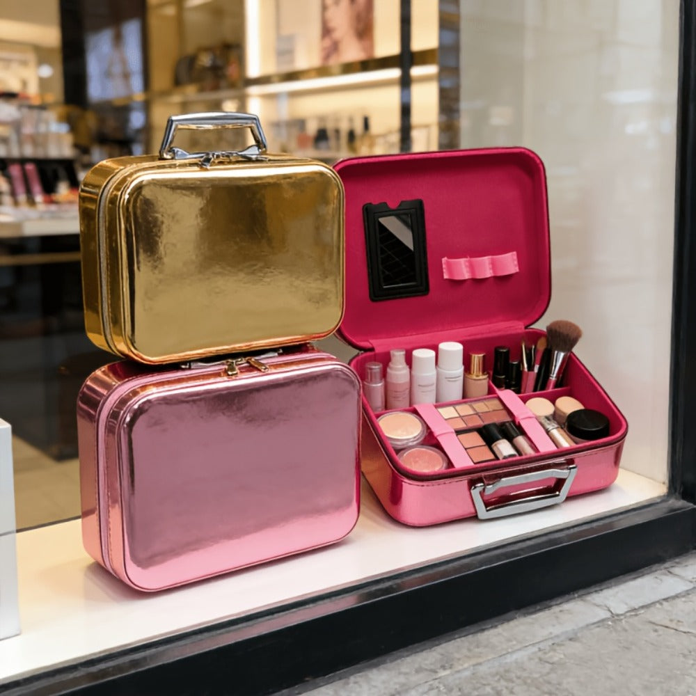 1pc Luxury Hard Shell Makeup Travel Case - Large Capacity Flat-Lay Organizer - Portable Glitter Storage Box for Women, Fits Inside Suitcase, Flash, Storage Bag
