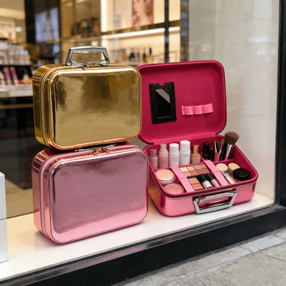 Hard Shell Makeup Travel Case Large Capacity Flat Lay Organizer Luxury Glitter Storage Box for Women Portable Fits in Suitcase Cosmetic Case Gold Rose Pink Size L