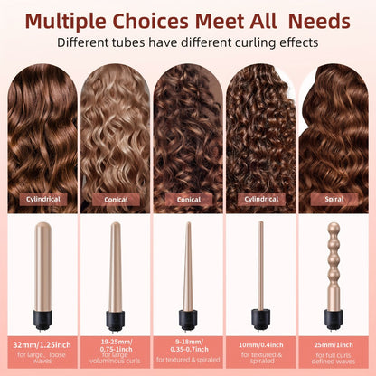 Curling Wand Set 5-in-1 — Ceramic Interchangeable Barrels 0.4”–1.25”, 30s Fast Heat, Dual Voltage Hair Curler Iron for Women, Long & Short Hair Styling with Heat-Resistant Glove