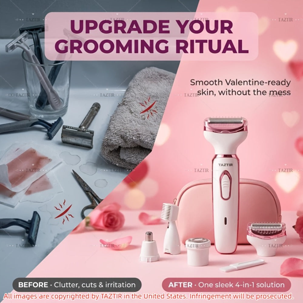 [4-in-1 Painless Razor for Women] 4-in-1 Rechargeable Electric Razor for Women - Face, Nose, Legs, Underarm, Bikini Trimmer - Wet & Dry, Painless Grooming Kit - Portable & Rechargeable