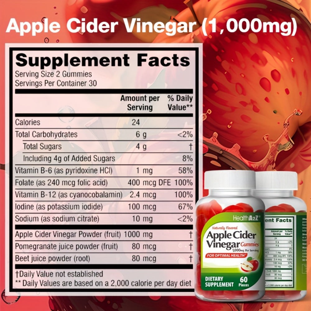 Apple Cider Vinegar Gummies 1000mg 60ct | Extra Strength ACV with B6, B12, Folic Acid, Pomegranate & Beet | Digestive Health, Clear Skin & Diet Support | Antioxidant | Great Taste