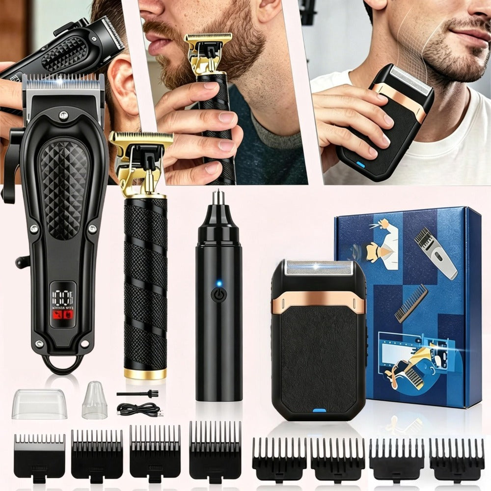 [USB Rechargeable] Professional Men's Grooming Kit, Rechargeable Hair Clipper And Beard Trimmer Set with Guide Combs, Nose Trimmer, Electric Shaver, USB Charging Cable, Haircut And Styling Tool for Men