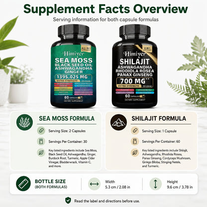 Sea Moss & Shilajit Capsules 12-in-1 Health Supplement - Sea Moss Bladderwrack Burdock Ashwagandha Black Seed Vitamin C D3 - Complete Wellness Formula for Energy & Immunity