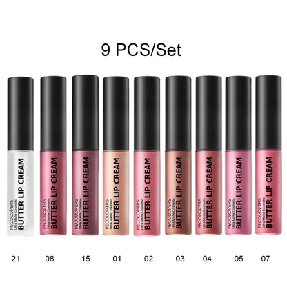 Lip Gloss Set 9pcs Moisturizing Lip Glaze Long Lasting Non-Greasy Liquid Lipstick with Mirror - Berry Pink Red Glossy Lip Color Gift for Women