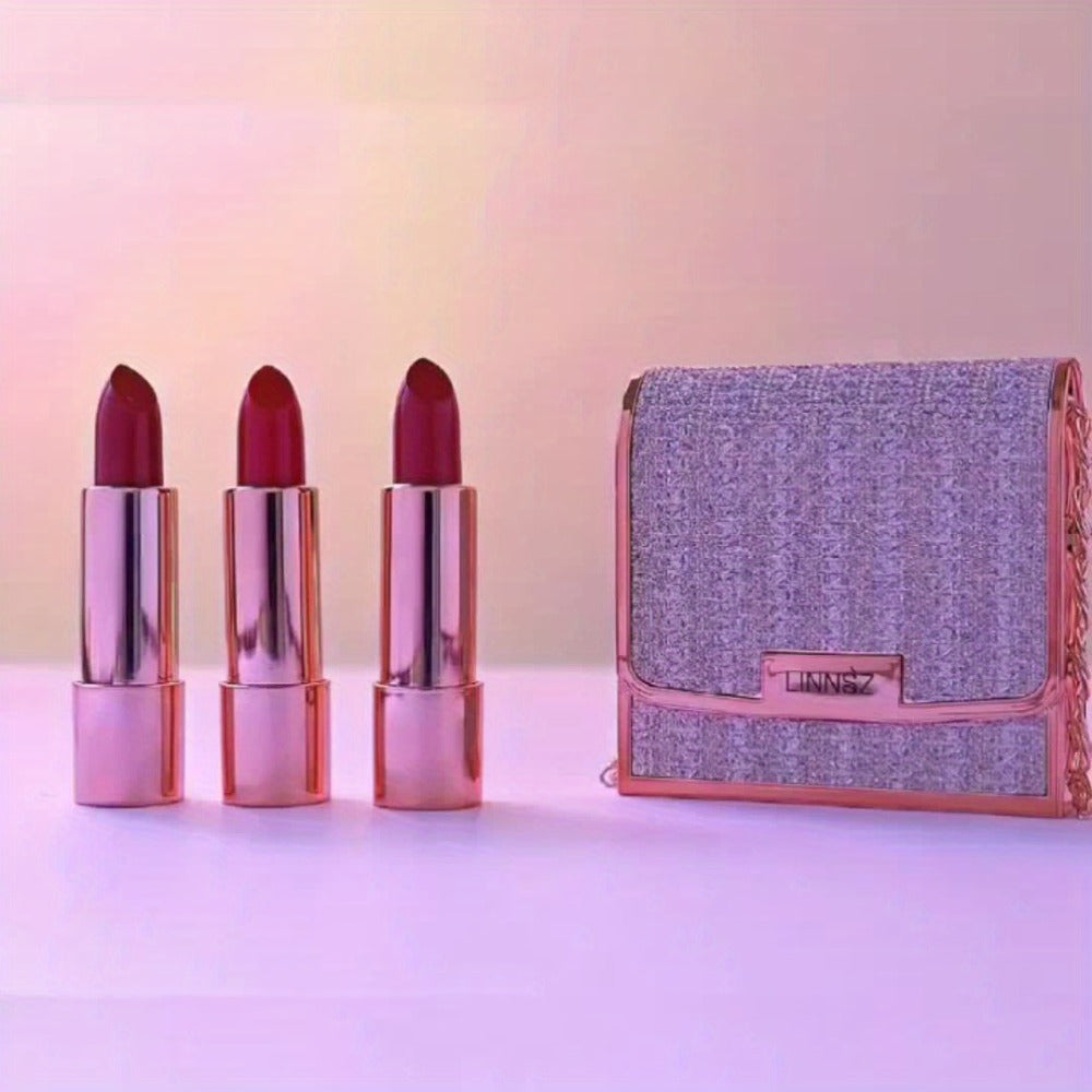 Velvet Matte Lipstick Set 3-Pack Waterproof Long-Lasting Anti-Fading Formula with Silvery Chain Bag Gift Packaging for Women