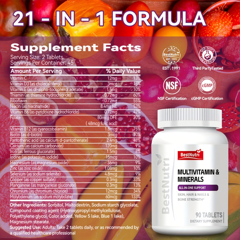 Bestnutri MULTIVITAIMIN & MINERALS ALL-IN-ONE SUPPORT Skin, Hair & Nails &Bone Strength Manufactured in A Factory