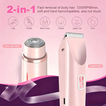 Electric Hair Removal Shaver 2-in-1 Dual Head - USB Rechargeable Epilator with Stainless Steel Blades for Face Body Legs Bikini Line Underarms & Intimate Areas - Women's Cordless Shaver Pink Purple Blue