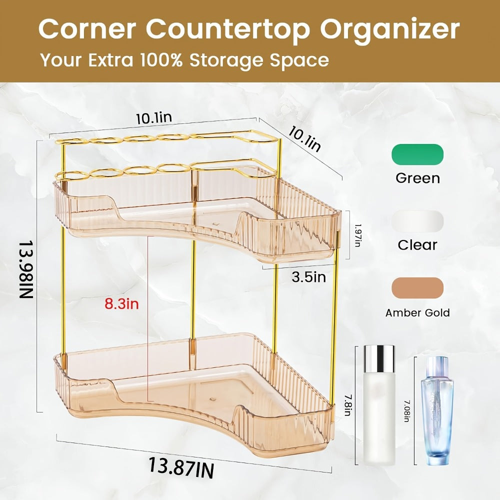 2-in-1 Corner Bathroom Counter Organizer - 2-Tier/3-Tier Space-Saving Shelf with Brush Holder, Makeup & Skincare Storage, -Toned Amber, Portable Vanity/Dresser/Kitchen Shelf, Insert-Style Installation (No Tools) for Small Spaces