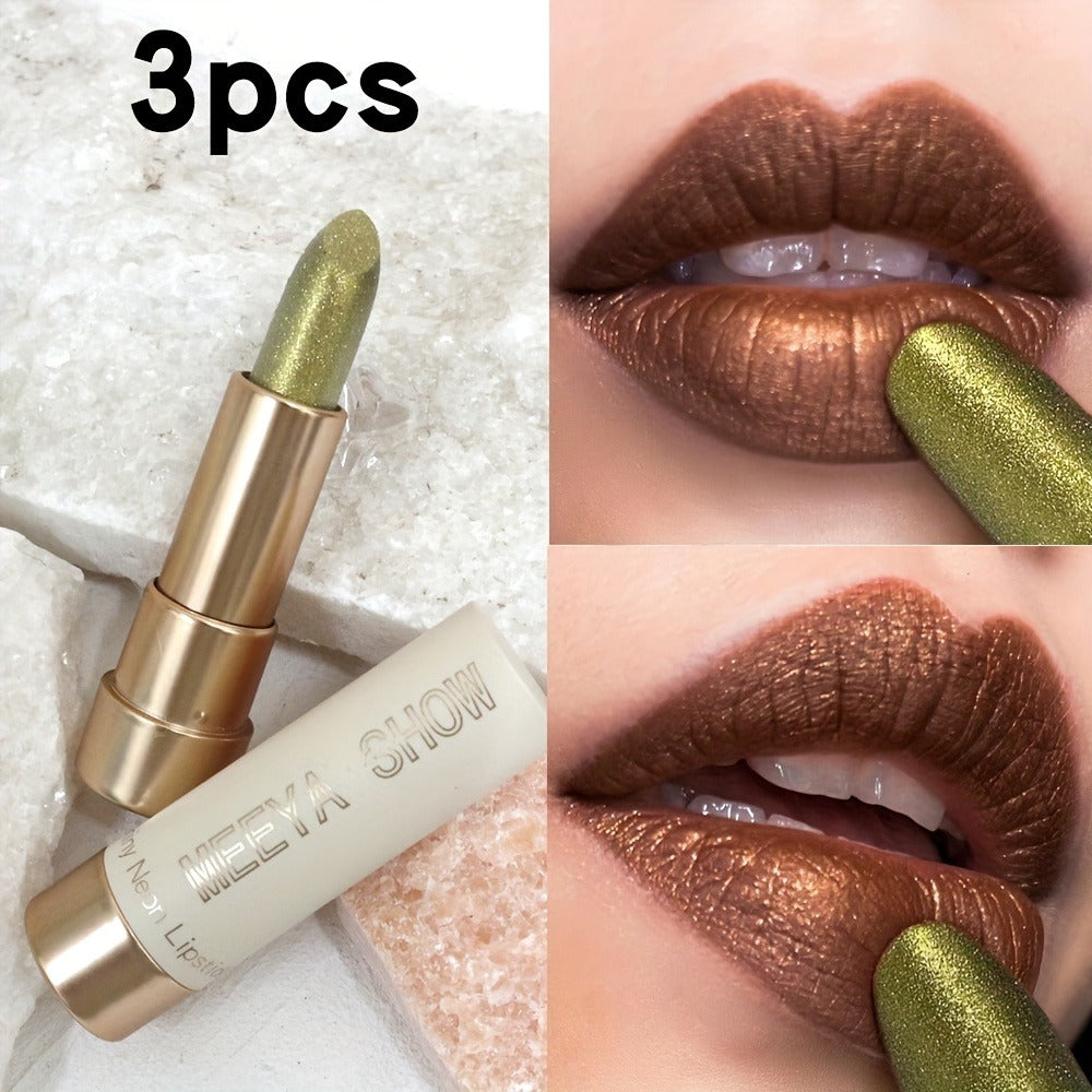 Glitter Metallic Lip Color Set 3pcs - Shimmering Golden Brown with Sparkling Glitter Finish | Metallic Lipstick for Party, Cosplay & Festival Makeup | Bold Statement Lip Look