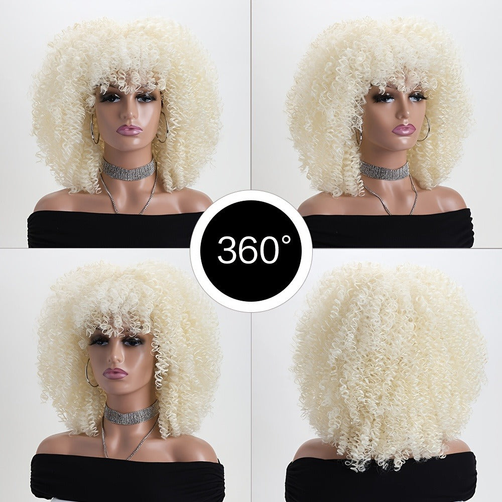 Afro Kinky Curly Wig Synthetic Short 16 Inch — 18 Colors, Heat Resistant, Elastic Net Cap, Women's Fashion Wig for Daily Wear, Cosplay, Party & Music Festival