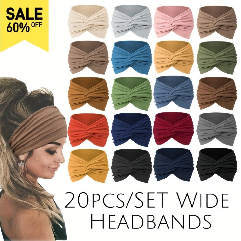 Stretchy Headbands 20pcs Bulk Soft Sweat-Wicking Sports Turban Bandanas for Women Men Non-Slip Elastic Knot Hair Wraps Breathable Solid Colors for Yoga Running Gym Workout Daily Fashion