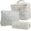 Large Capacity Dual Layer Cotton Makeup Cosmetic Bag (3PCS), Cute Quilted Travel Coquette Aesthetic Floral Make up Bag for Women Toiletry Bag (Blue Rose)