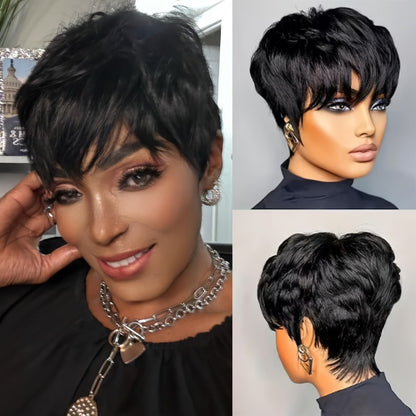 Short Fairy Wig Human Hair Brazilian 150% Density Glueless Rose Net Cap Natural Black 4 Inch Beginner Friendly Elegant Wig for Women