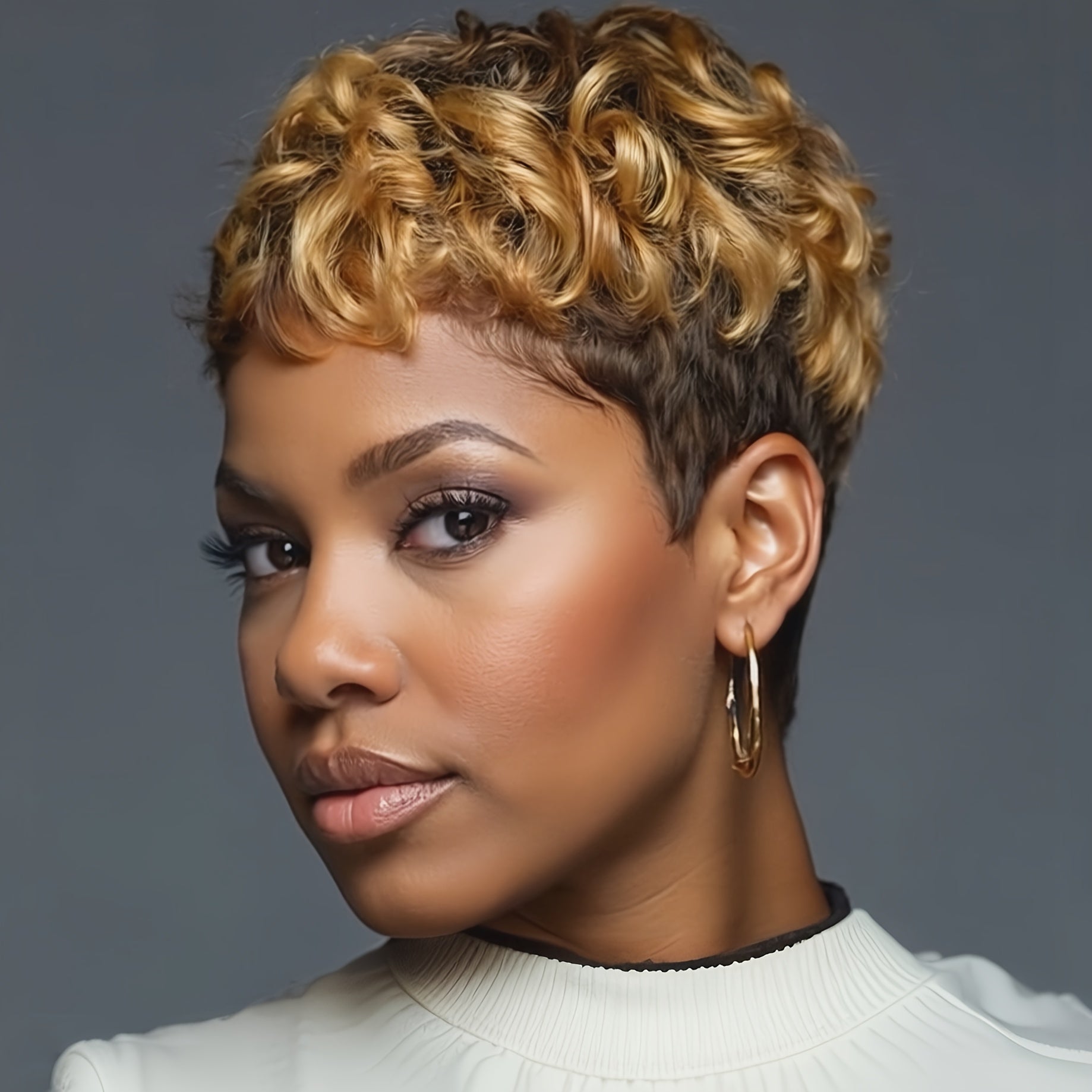 Nicelatus Short Mixed Blonde Wig Featuring Short Curly Styles And a Pixie Cut, Complete with Curly Bangs. These Synthetic Wigs Are Perfect for Women And Ideal for Occasions Like Halloween, Christmas Parties, And Music Festivals
