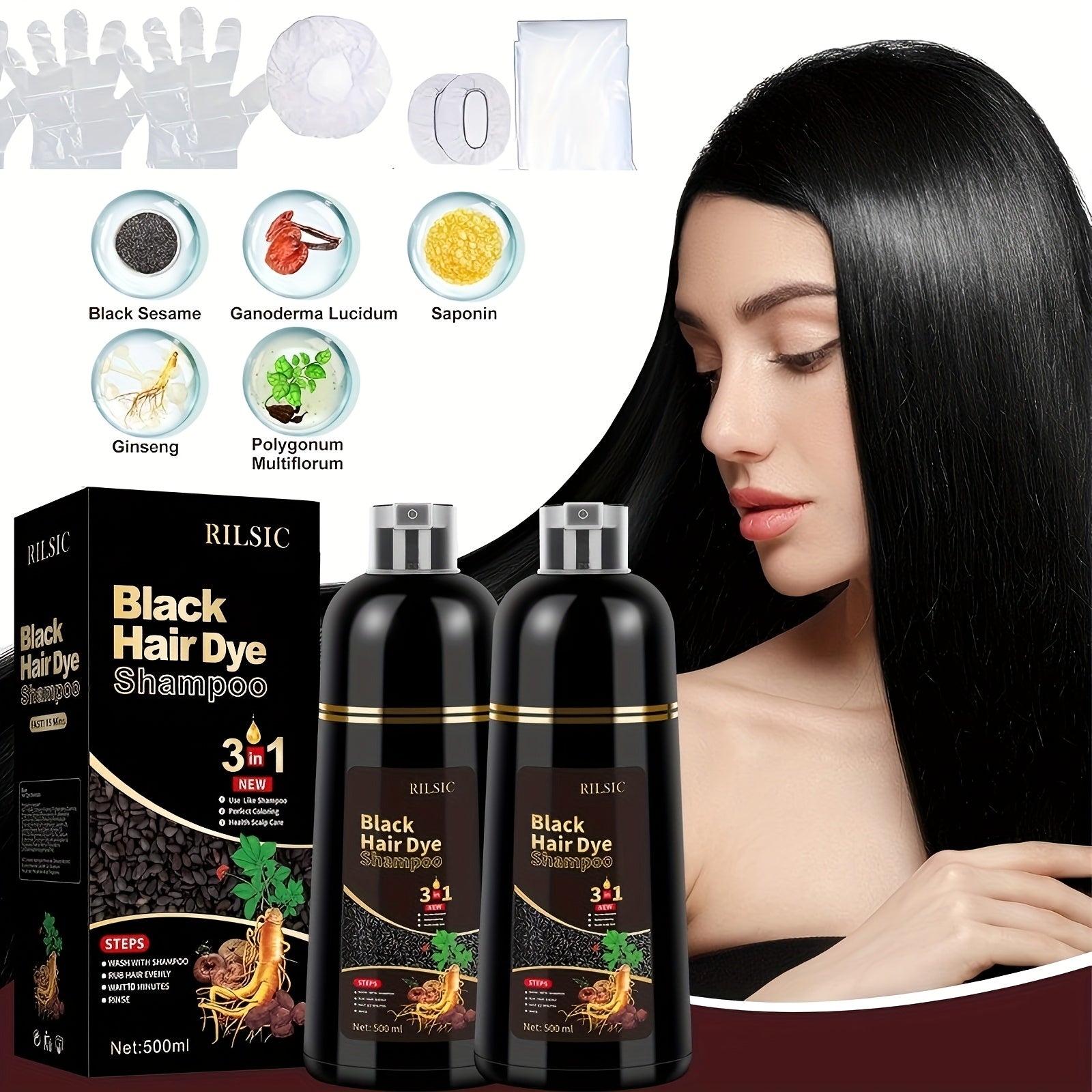 RILSIC 1pc Hair Dye Shampoo 3 IN 1 For Women & Men, Instant Hair Color, 100% Grey Hair Coverage, Plant Squalene Natural Hair Dye Coloring In Minutes (16.91oz)