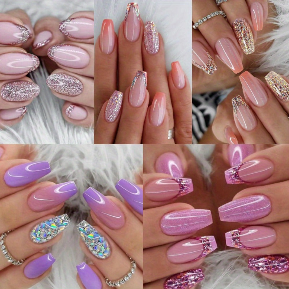 5pcs 120pcs Sparkling Glitter Coffin Nails - Medium Length with Sequins Designs Durable Glossy Pinkish Purple Acrylic - Full Cover False Nails for Women-Easy Press-On, Secure Glue-On,  Nail Art, Press On Manicure, Beauty Lovers
