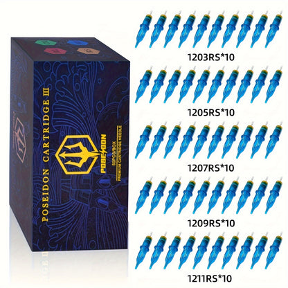 Tattoo Cartridge Needles 50Pcs - POSEIDON V3 Round Liner & Round Shader Membrane Safety Cartridges 12RL 12RS Sterile Disposable Needles for All Tattoo Machines