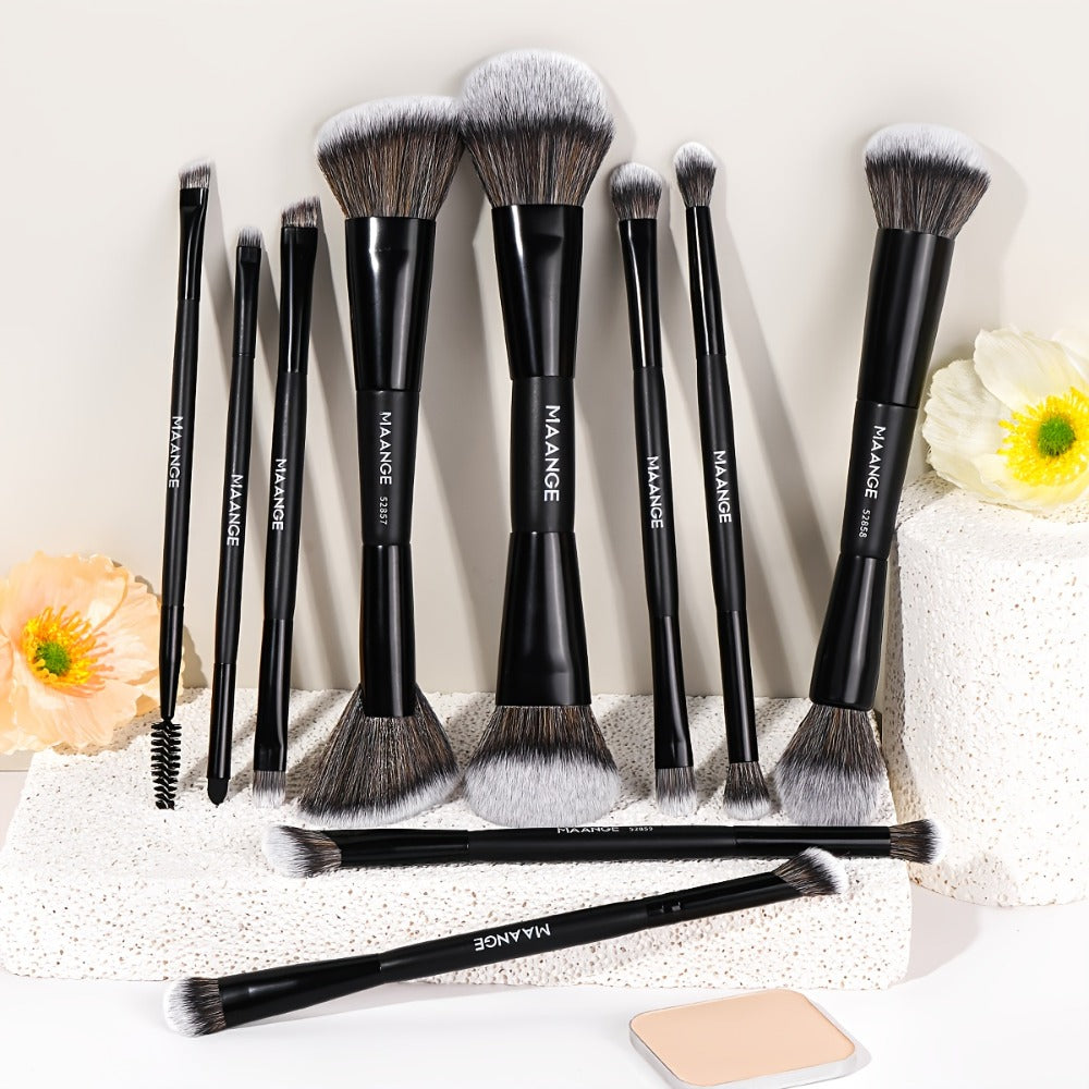 10pcs MAANGE Professional Double-Headed Blush And Eyeshadow Makeup Brush with Cosmetic Bag - Dual-Ended Facial Brush Suitable for Beginners And Pros, Soft Nylon Bristles, Non-Sticky Face, Precise Application for Powder/Products