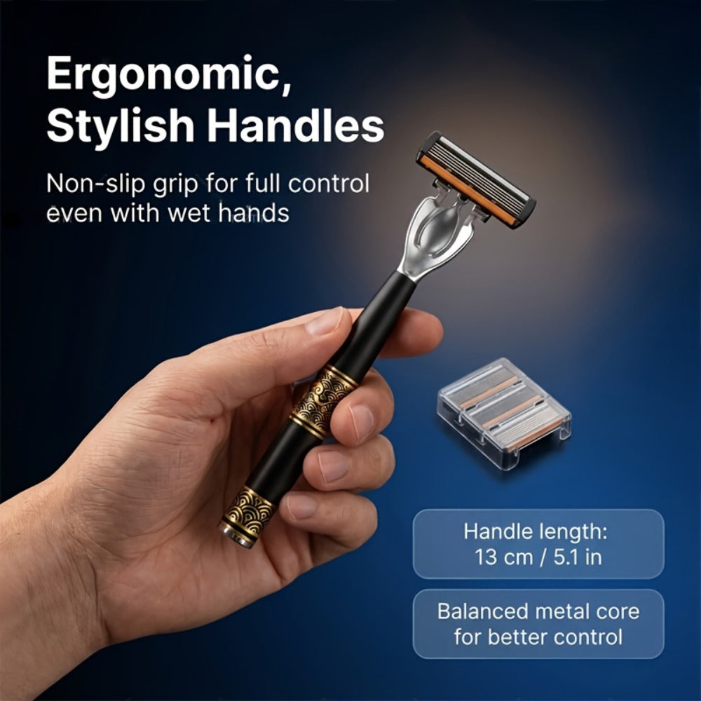 Men's Manual Razor Set with Stainless Steel Replacement Blades - Reusable Handle & High-Capacity Blade Kit for Smooth, Close Shave, Precision Grooming