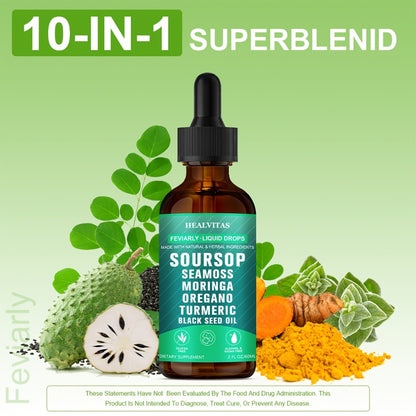 Soursop Bitters Liquid Supplement 10-in-1 2oz | Seaweed Moringa Turmeric Black Seed Oil Oregano Herbal Extracts | Highly Absorbable Digestive & Intestinal Health Support for Men & Women