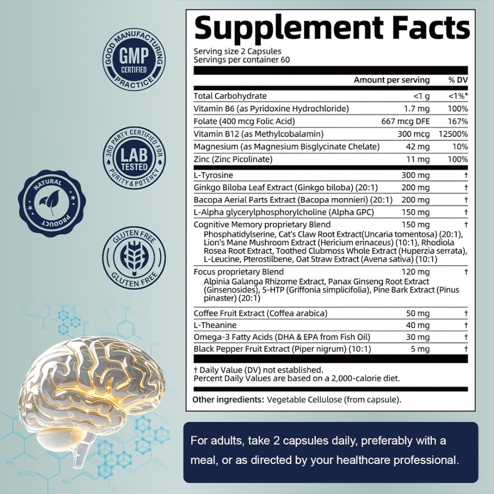 1/2/3pcs - Cognitive Brain Supplement for Memory & Focus-120 Capsules - Mental Clarity, Focus & Neuro Protection - Nootropic Blend with L-Tyrosine, Ginkgo Biloba, Bacopa Monnieri & Alpha GPC- Gluten Free - for Men & Women