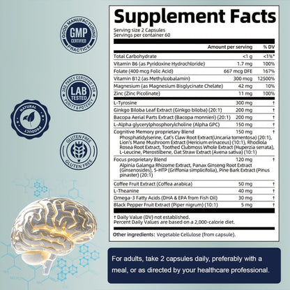 Nootropic Brain Supplement 120 Capsules | Memory Focus & Mental Clarity Formula with Ginkgo Biloba Bacopa Monnieri Alpha GPC L-Tyrosine | Gluten-Free Cognitive Support for Men and Women