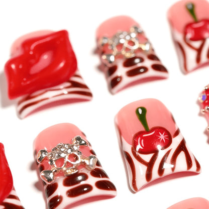 Acrylic Press On Nails Duckbill Short – 3D Red Lips, Skull, Cherry & Bow Rhinestone | Zebra Stripe Polka Dot Sweet Cool Nail Art for Party & Daily Wear, 10pcs S/M/L
