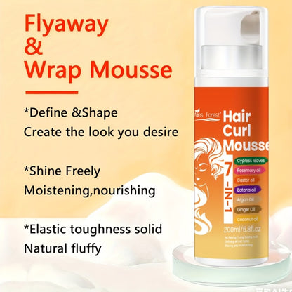 Hair Curl Mousse 7-in-1 Natural Oil Blend Long-Lasting Hold - Deep Moisturizing Smoothing Curl Defining Foam Rosemary Castor Coconut Oil Wavy Curly Hair Women Men 6.76oz