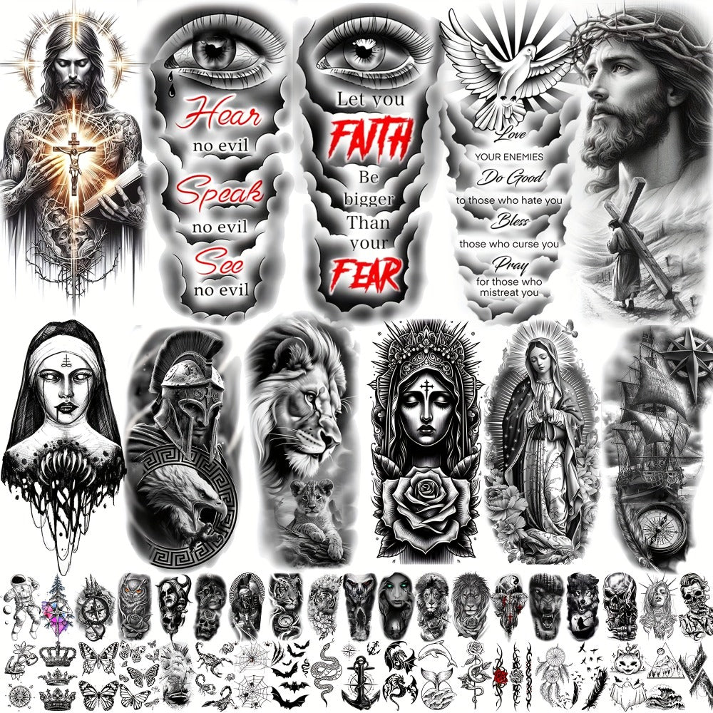 68 Sheets God Jesus Christ Temporary Tattoos for Men Women, Bulk Temp Religious Christian Peace Faith Nun Prayer Ship Half Arm Sleeve Tattoos for Adults, Tribal Eye Lion Quotes Fake Tattoo