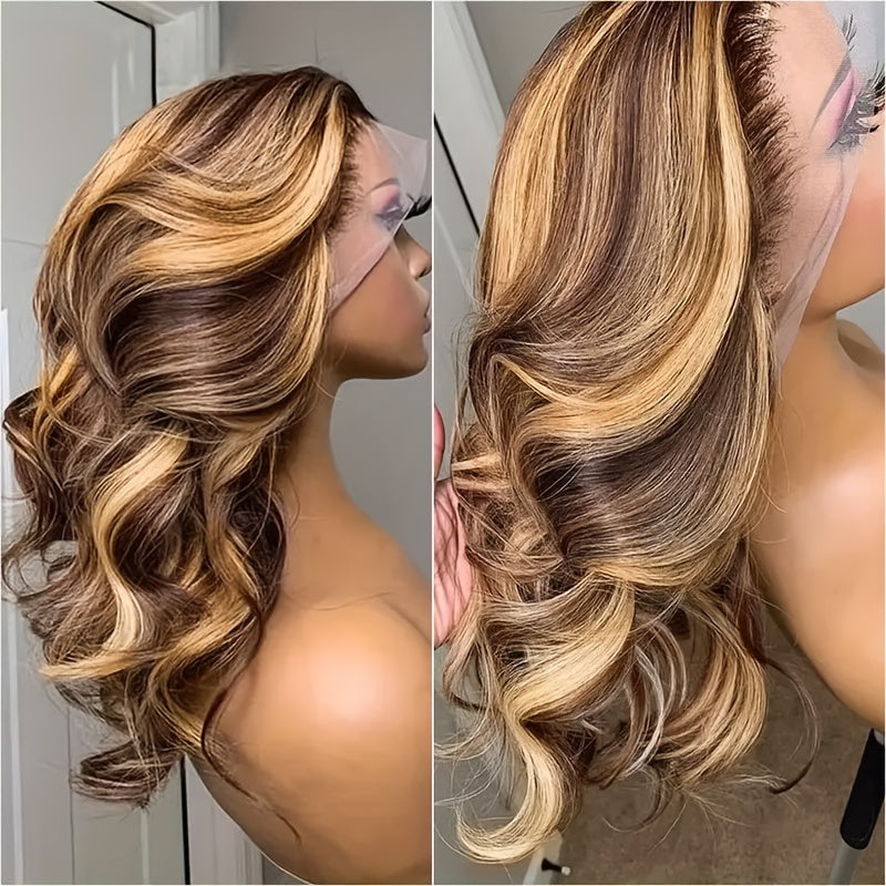 Honey Blonde Ombre Body Wave Lace Front Wig - 13x4 HD Human Hair Bob Wig for Women, Pre-Plucked Brazilian Human Hair with Baby Hair, Highlighted Gradient Color Transition, Loose Waves Hair Wig Perfect for Beginners