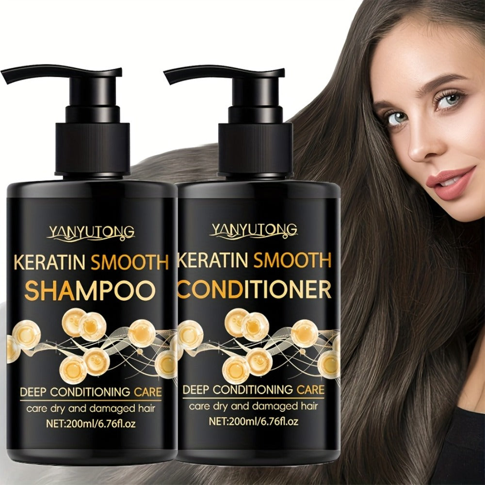 Keratin Shampoo & Conditioner Hair Care Set Moisturizes Scalp Repairs Breakage Splits for Color-Treated Heat Damaged Hair All Hair Types 200ml Each