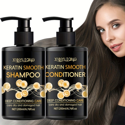 Keratin Shampoo & Conditioner Hair Care Set Moisturizes Scalp Repairs Breakage Splits for Color-Treated Heat Damaged Hair All Hair Types 200ml Each