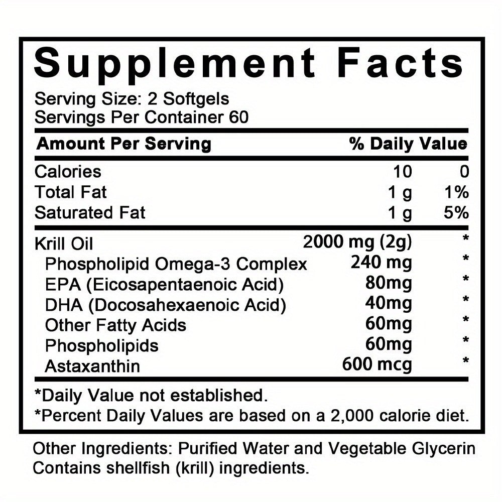 Antarctic Krill Oil Supplement, 2000mg/serving - Omega-3, EPA And DHA - Brain Support, 120 Softgels