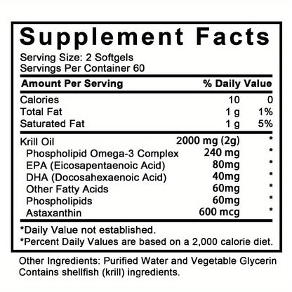 Antarctic Krill Oil 2000mg Per Serving 120 Softgels with Omega-3, EPA & DHA for Brain, Heart, Joint & Eye Health, Superior Absorption for Men & Women