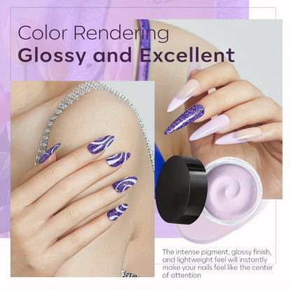 Dip Powder Nail Kit 4 Colors Lilac Lavender Purple Glitter - Base Coat Top Coat & Activator Included - French Nail Art All-in-One Beginner Manicure Set for Home & Salon