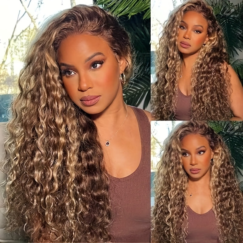 Honey Blonde Ombre Wig P4/27 Highlight Long Deep Wave Wig Long Curly Wavy Wig 200% Density Pre Plucked Glueless Wig HD Lace Ready To Wear Wigs Heat Resistant Fiber Wig For Fashion Women Girls Party Vacation Daily Used 28inch