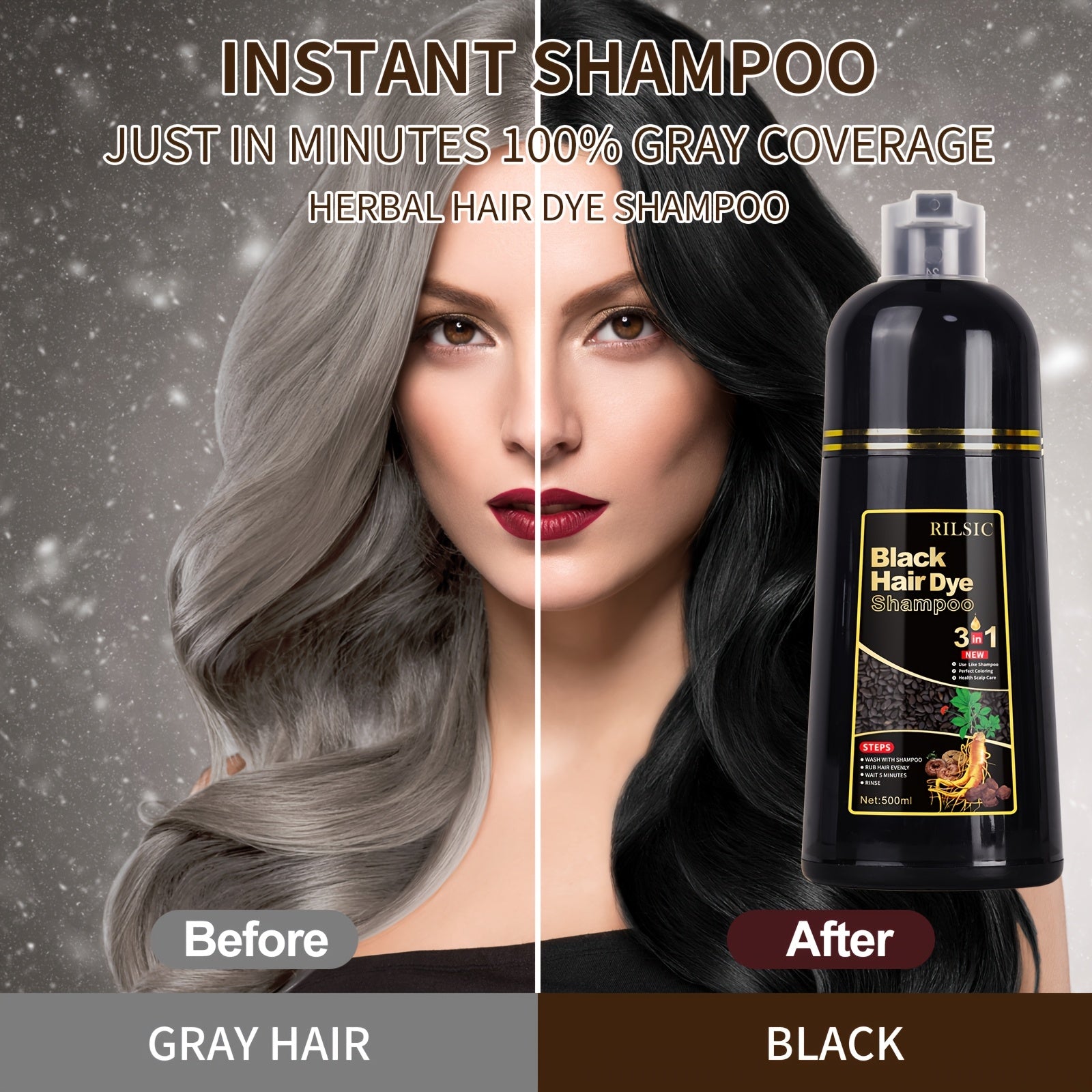 2pcs Hair Dye Shampoo For Grey Hair, 16.91oz Herbal Natural Hair Dye 3 In 1, Instant Hair Colour Shampoo, Plant Squalene Hair Shampoo, Hair Dye Hair Color Shampoo Coloring In Minutes For Women Men