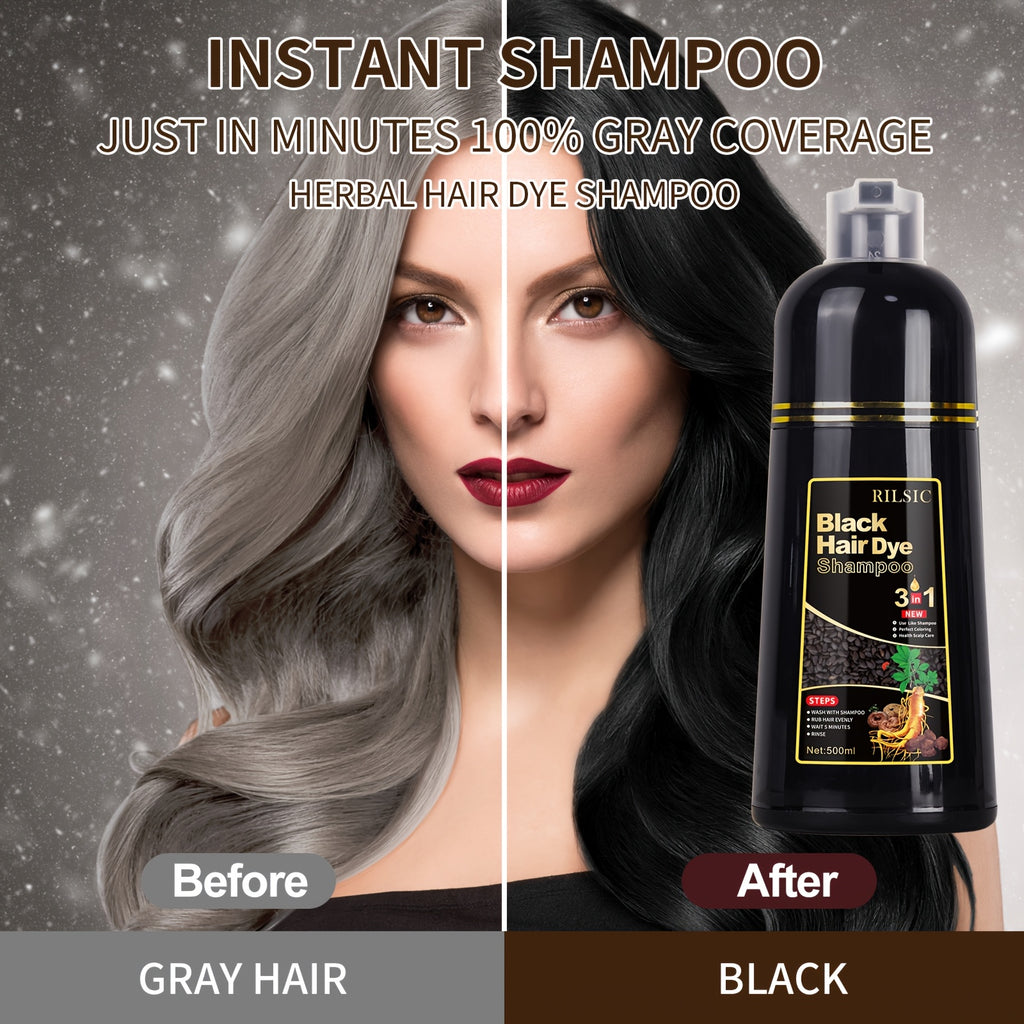 RILSIC 1pc Hair Dye Shampoo 3 IN 1 For Women & Men, Instant Hair Color, 100% Grey Hair Coverage, Plant Squalene Natural Hair Dye Coloring In Minutes (16.91oz)