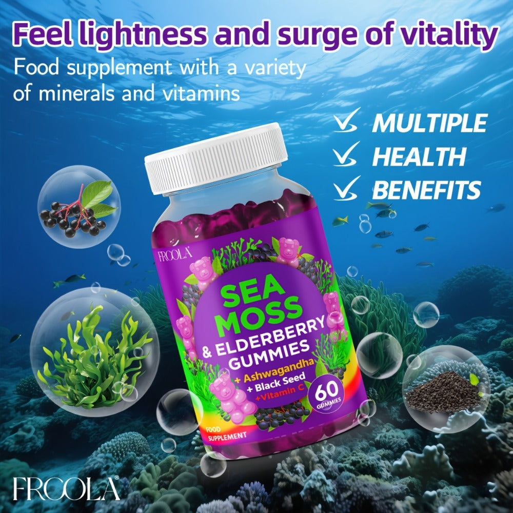 Sea Moss Gummies, with Turmeric, Ashwagandha, Sea Moss, Black Seed Oil, Ashwagandha, Ginger, Shilajit Gummies with Elderberry, Advanced Seamoss Vitamin Multi Mineral Complex Supplement Gummis for Energy, Immune- 60 Count