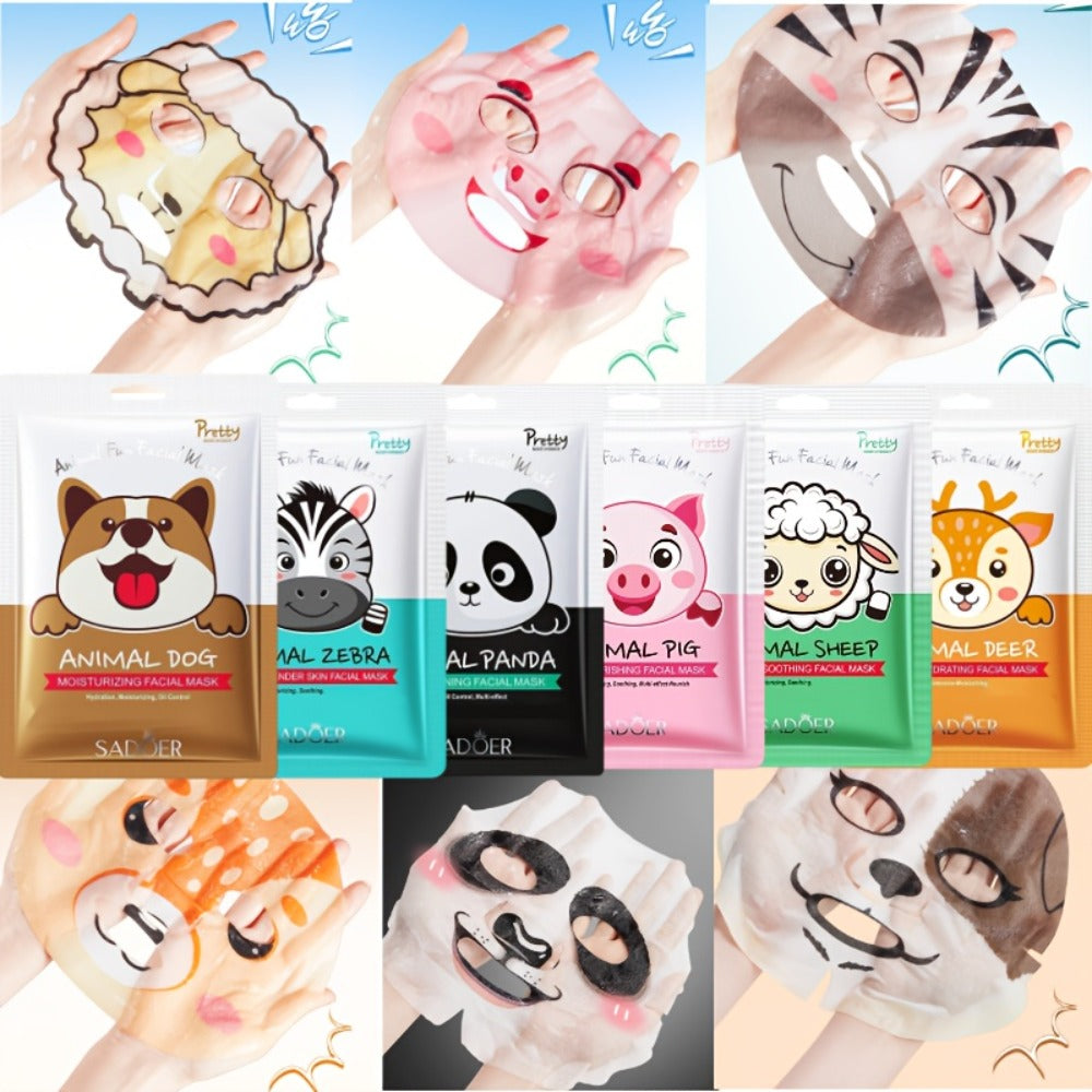 12pcs Fun Animal Printed Hydrating Face Masks for Skincare - Featuring Panda, Zebra, Piglet, Lamb, Puppy, And Sika Deer, Perfect for Moisturizing in Spring And Summer