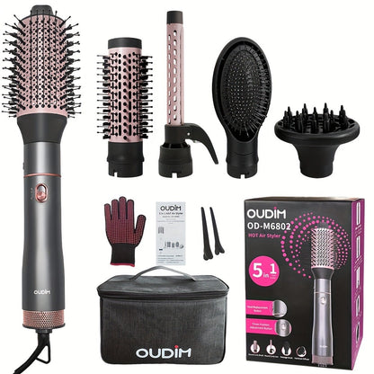 5-in-1 Hot Air Styling Comb Set Negative Ion Hair Dryer Brush Straightening Comb Round Curling Iron Oval Brush Interchangeable Heads for Women Mother's Day Gift