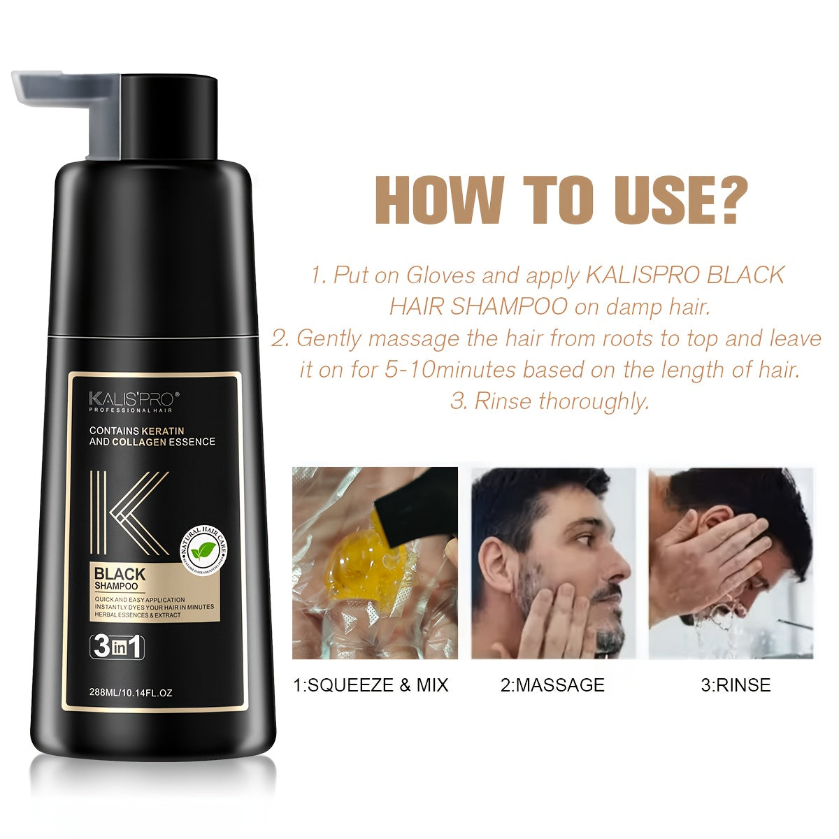 10oz Men's Black Hair & Beard Dye Shampoo, 3-in-1 Quick Coloring, Long-Lasting Natural Effect, Ammonia-Free, 8-Minute Easy Gray Coverage for A Youthful And Stylish Look