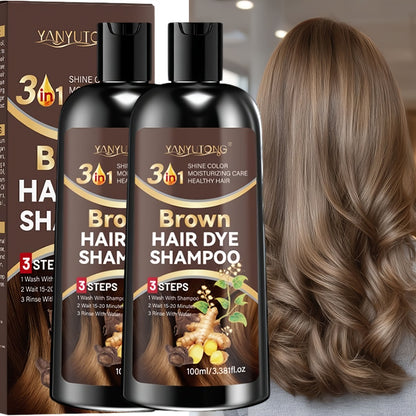 Brown Hair Dye Shampoo 2-Pack 3.38oz — Polygonum Multiflorum & Ginger Extract, Covers Gray Hair, Deep Moisture Anti-Frizz Long-Lasting Color